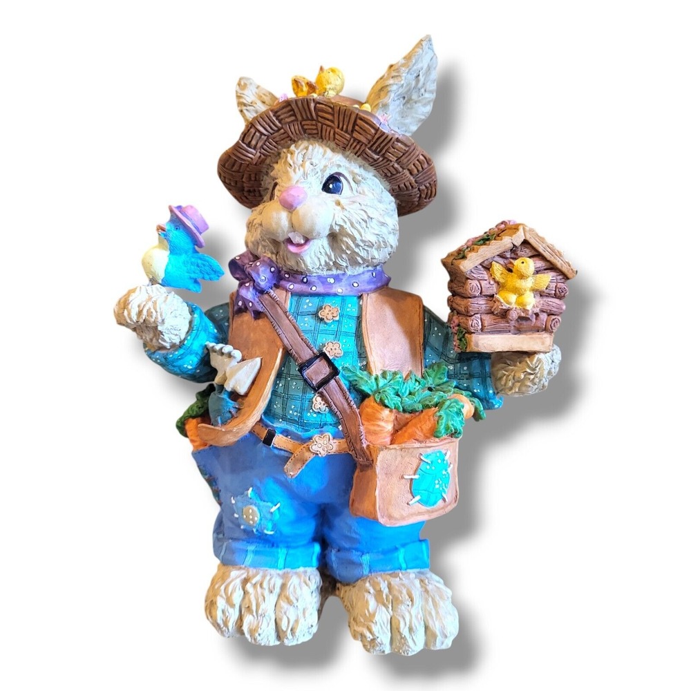 Vintage‎ Easter Bunny Figurine Holding Blue Bird & Bird House, 9.5" Tall